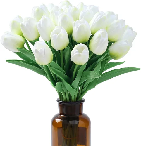 Miniatura 32 de SITUMEIZI 15 piezas de flores blancas artificiales, tulipanes artificiales de poliuretano de 14 pulgadas a granel para el hogar, cocina, Pascua