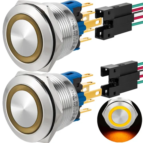 Miniatura 18 de 2 interruptores de botón de cierre de 0.866 in, 7/8 pulgadas, 110 V-120 V, SPDT, interruptor de encendido y apagado, impermeable, IP67, acero Azul