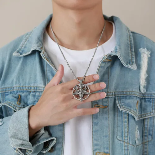 Miniatura 6 de Collar de pentagrama invertido de Satanás Colgante de calavera de cabeza de cabra baphomet de acero inoxidable, joyería satánica de cabra