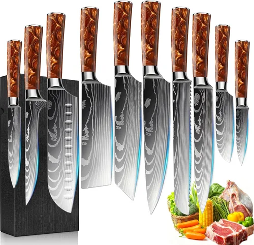 Miniatura 13 de Juego de 10 cuchillos de cocina japoneses de alta calidad, colección Imperial, patrón láser de damasco, acero inoxidable 440A ultra afilado