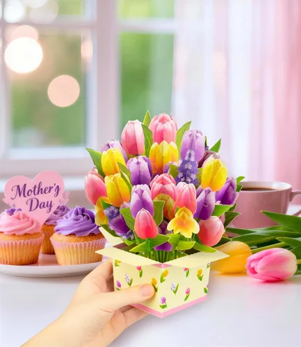 Miniatura 4 de Tarjeta de felicitación de primavera 3D con diseño de tulipanes coloridos para el día de la madre, cumpleaños, Pascua, aniversario, agradecimiento