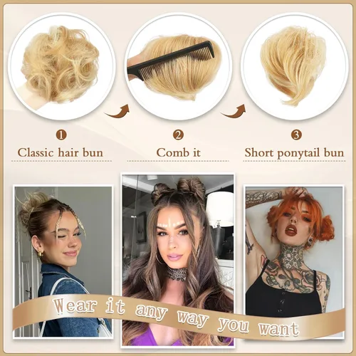 Miniatura 4 de Sofeiyan 2 piezas de extensión de cabello rizado ondulado en forma de moño desordenado, mini moño desordenado con banda elástica, peluca sintética