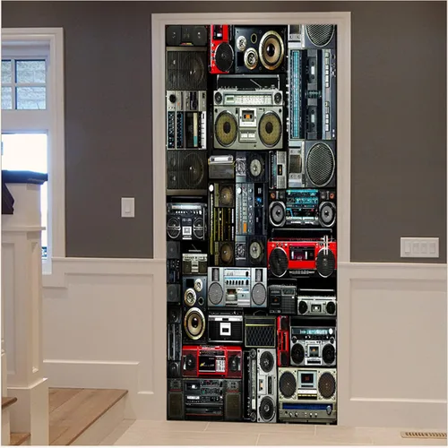 Miniatura 2 de artfanke Adhesivo 3D para puerta, 33.5 x 84.6 pulgadas, papel tapiz autoadhesivo impermeable, mural para puerta, póster vintage de radio Boombox