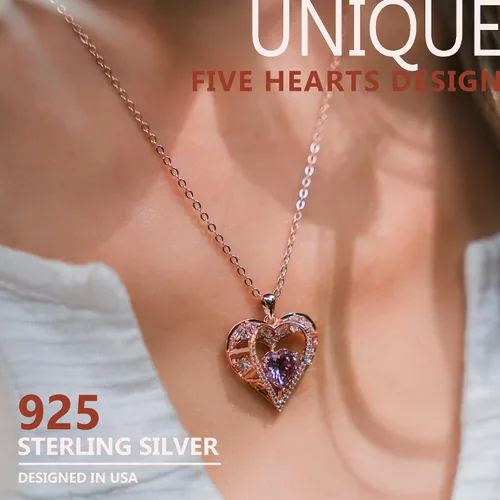 Miniatura 62 de Collar de cristal de 5 corazones, chapado en oro rosa de 18 quilates, colgante con cadena de plata de ley 925 de 18 + 2 pulgadas, joyería de piedra