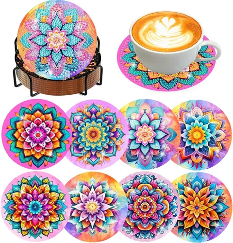 Miniatura 36 de Meothan Juego de 8 posavasos de arte de diamante para adultos con soporte, almohadillas de corcho, posavasos de arte de puntos de diamante de vidrio