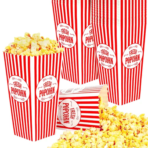 Miniatura 10 de Stock Your Home Paquete de 50 cajas de palomitas de maíz desechables de cine a rayas rojas y blancas, capacidad de 30 onzas, caja de aperitivos