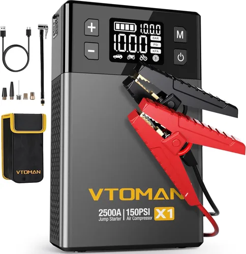VTOMAN X1 Arrancador con compresor de aire, arrancador de batería de coche (2500A, hasta 8.5L de gasolina/6L de motor diésel) con inflador de