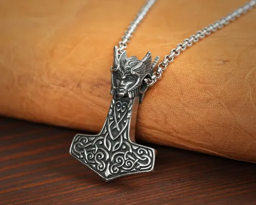 Miniatura 36 de Viking Thors Hammer Necklace Pendant - Vegvisir Aegishjalmur Helm of Awe Raven Huginn Muninn Pendant Necklace Amulet Talisman - Thor Necklace