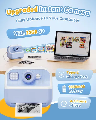 Miniatura 7 de Cámara Instantánea, Cámara de Selfie Dual Frontal Trasera para Niños con Videos de 1080P, Regalos de Cumpleaños y Vacaciones para Niños de 3 a 12