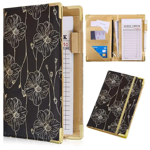 Libros de servidor para camarera - Bonito libro de camarera con bolsillo para dinero, libro de cuero con cartera y bolsillo con cremallera. Flores a