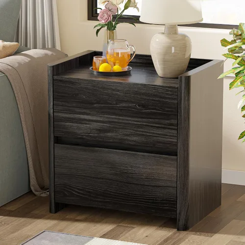 Miniatura 7 de Mesita de noche con 2 cajones de almacenamiento, mesa auxiliar moderna para dormitorio con asa recortada, mesitas de noche grandes para dormitorio