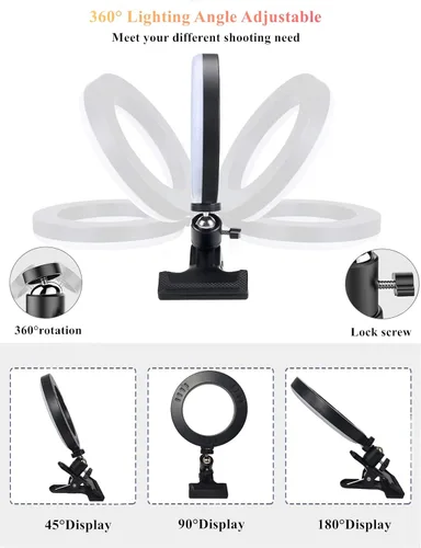 Miniatura 6 de Anillo de luz de 6.3 pulgadas con soporte de abrazadera para laptop, luz de cámara web con 3 modos de luz y 10 niveles regulables para computadora