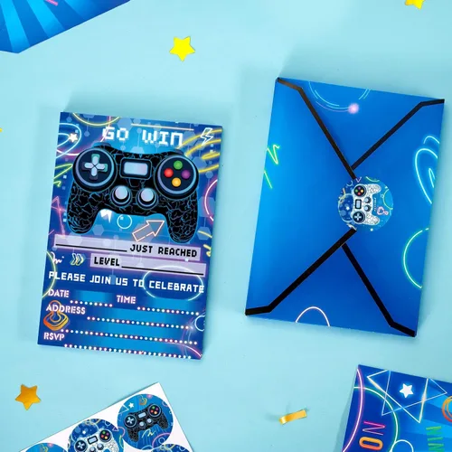 Miniatura 5 de WERNNSAI Invitación para Fiesta de Videojuego - Juego de 24 Tarjetas de Cumpleaños de Juego Azules para Llenar con Sobres y Adhesivo para Niños