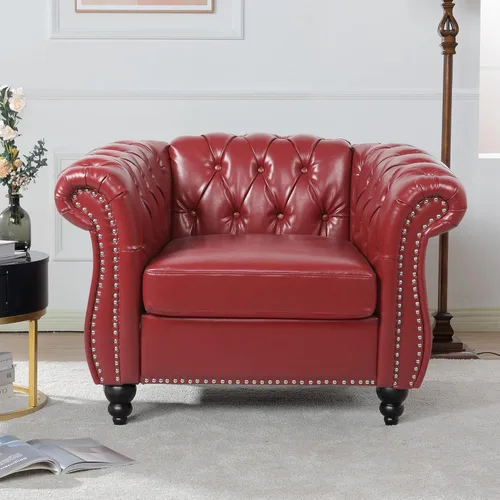 Miniatura 20 de LEVNARY Sillón tapizado de cuero, moderno sofá individual de mediados de siglo con brazos enrollados y cabeza de clavo, silla Chesterfield de piel