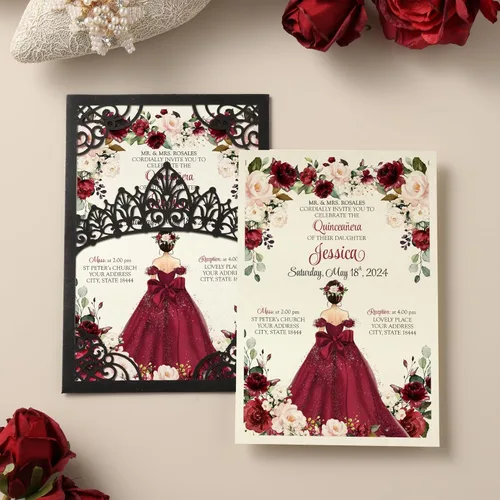 Miniatura 2 de 50 invitaciones de quinceañera con corona negra perlada cortada con láser Invitaciones de cumpleaños florales burdeos para Sweet 16/Miss XV