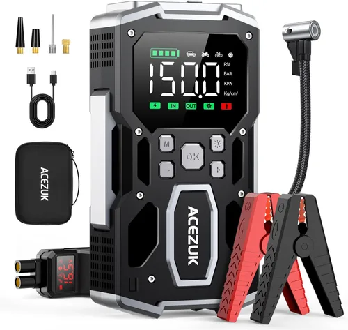 ACEZUK - Arrancador portátil para automóvil con compresor de aire, 160PSI 8000A (todo gasolina/10.0L diesel), batería de 12 V con pantalla LCD de