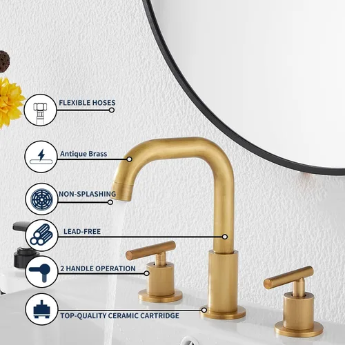 Miniatura 5 de Caño giratorio de 360°, 2 asas, 3 agujeros, 8 pulgadas, grifo de lavabo de baño de latón antiguo a juego con desagüe desplegable para baño