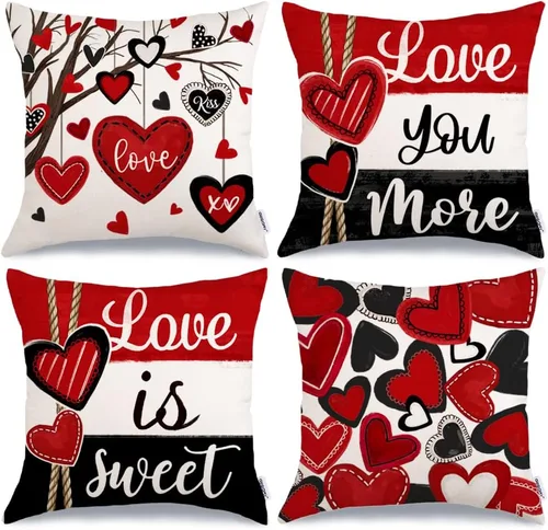 GEEORY Juego de 4 fundas de almohada decorativas del Día de San Valentín de 18 x 18 pulgadas, cojines decorativos de corazón rojo y negro por amor,
