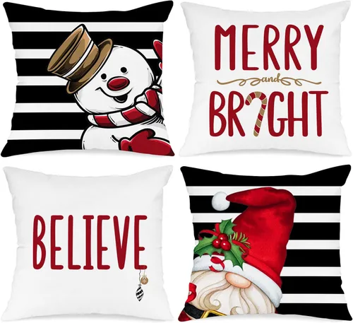Lanpn Juego de 4 fundas de almohada decorativas de invierno para exteriores de 26 x 26 pulgadas, impermeables, gnomo de muñeco de nieve rojo y