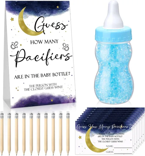 Miniatura 24 de Roowest 512 piezas de juegos de baby shower Adivina cuántos chupetes letrero, 100 pequeños juegos de adivinanzas, 10 lápices HB, botella de leche