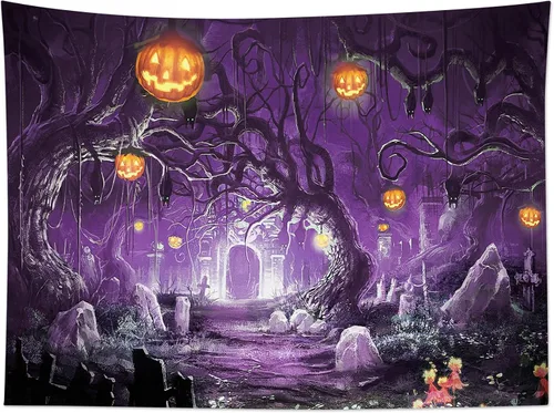 Miniatura 4 de EOBTAIN Tapiz de Halloween espeluznante calabaza y murciélago en árbol muerto en bosque morado de terror, tapiz de pared de cementerio gótico