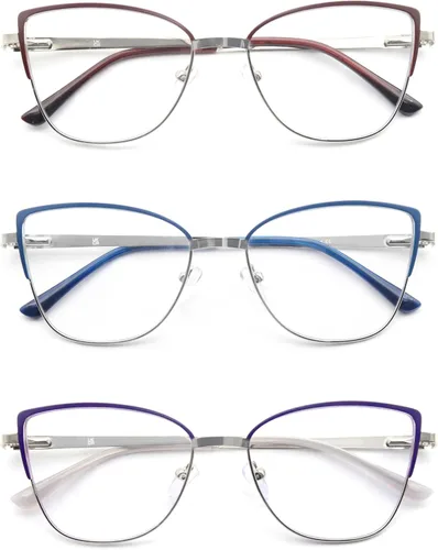 Gafas de lectura para mujer, con bloqueo de luz azul, delgadas, lentes de lectura elegantes, marcos de metal, bisagras de resorte, paquete de 3