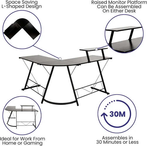 Miniatura 4 de Flash Furniture Ginny - Escritorio esquinero para juegos en forma de L para ahorrar espacio y estante para monitor, escritorio de computadora de 2