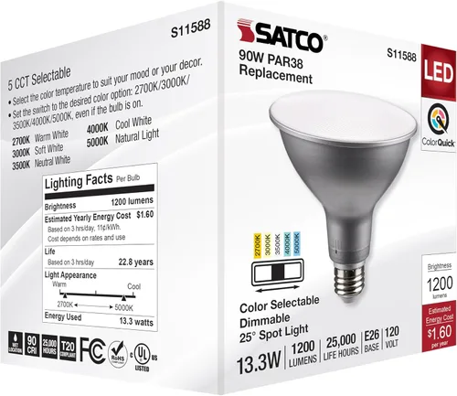 Miniatura 8 de Satco S11588; LED PAR38 de 13.3 vatios; base media; acabado plateado; CCT seleccionable; 120 voltios; ángulo de haz de 25 grados