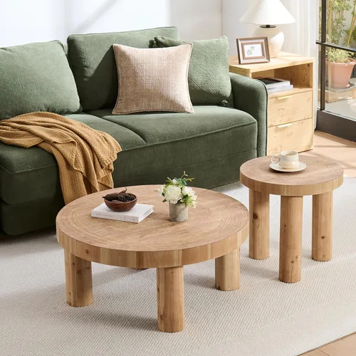 Miniatura 6 de RUSTOWN Mesa auxiliar redonda de 2 piezas, juegos de mesa auxiliar rústica, acabado de anillo de madera circular con patas de madera maciza, juego