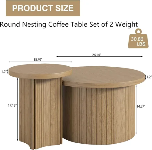 Miniatura 2 de Mxtxmy Juego de 2 Mesas de Café Anidadas de Estilo Granja, Mesa de Café Redonda para Sala de Estar, Juego de Mesas de Café con Acabado de Madera