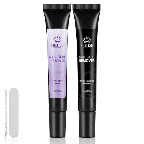 MIZHSE Kit de pegamento de uñas semisólido de 0.35 oz y removedor de 0.3 fl oz para puntas de uñas a presión, secado rápido súper fuerte, sin