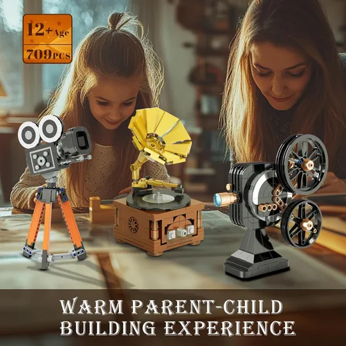 Miniatura 6 de Juego de construcción de modelos vintage 3 en 1 para adultos, adolescentes de 14 años, proyector de fonógrafo retro, cámara coleccionable