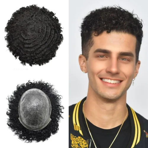 Miniatura 6 de FNY HAIR Afro Curl Toupee para hombres negros, sistema de reemplazo de piezas de cabello 100% humano, piel duradera, inyectada de PU, prótesis de 1#