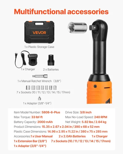 Miniatura 7 de VEVOR Llave de trinquete inalámbrica, accionamiento de 3/8 pulg., 240 RPM, hasta 33 pies/libra de torque, juego de llave de trinquete eléctrica