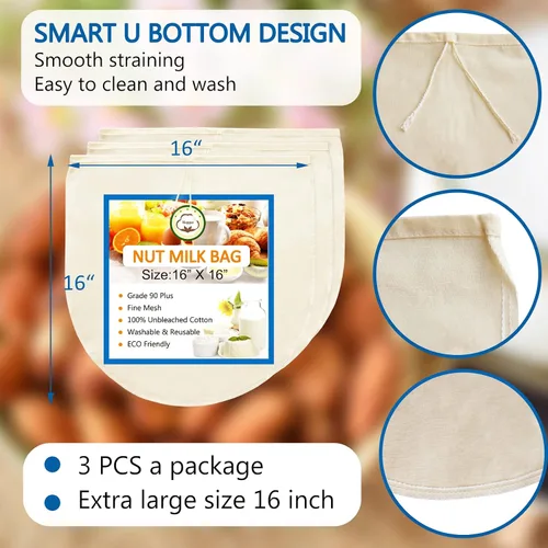 Miniatura 2 de Paquete de 3 bolsas de leche de nuez de 16 x 16 pulgadas para colar, 100% tela de algodón sin blanquear, gasa reutilizable, colador para leche