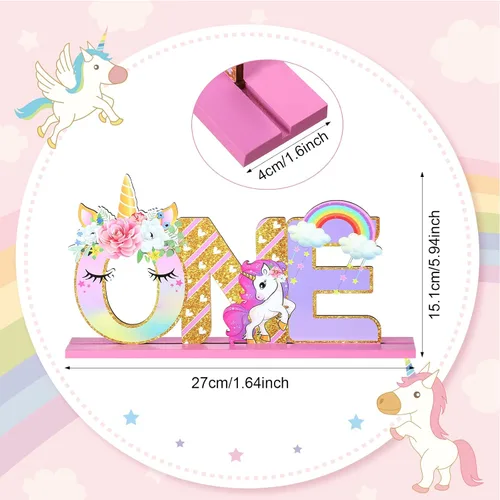 Miniatura 2 de Decoraciones de cumpleaños de unicornio, letrero de una letra de unicornio para el primer cumpleaños, centro de mesa de madera de una mesa