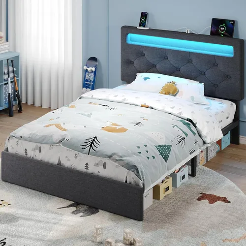 Rolanstar Base de cama individual con estación de carga, cama LED con almacenamiento debajo de la cama, cabecera ajustable de 38.9/40.8 pulgadas, no