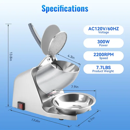Miniatura 3 de Máquina de afeitar de hielo de doble hoja de 186 lbs/h, con cuchillas adicionales y palillo de hielo, trituradora de hielo eléctrica de 300 W