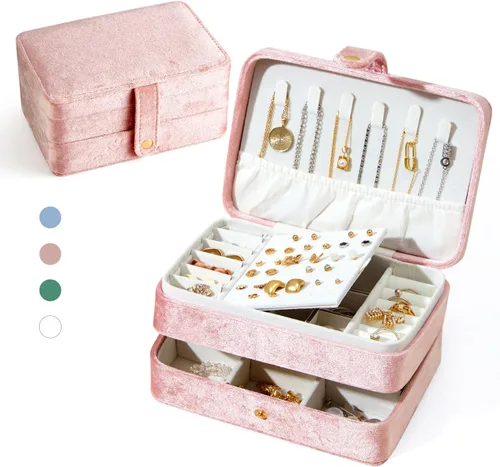 BUTI4WLD Joyero pequeño de terciopelo para mujeres y niñas, estuche portátil de viaje de doble capa para anillos, colgantes, aretes, collares,