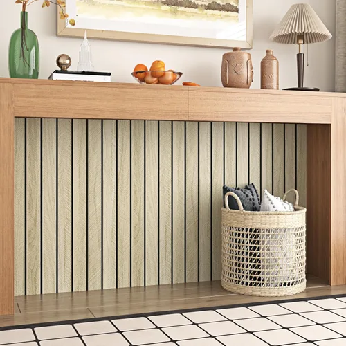 Miniatura 7 de Wallercity Paneles acústicos de listones de madera marrón claro para decoración elegante, reducción de ruido, paneles de grano de madera con textura
