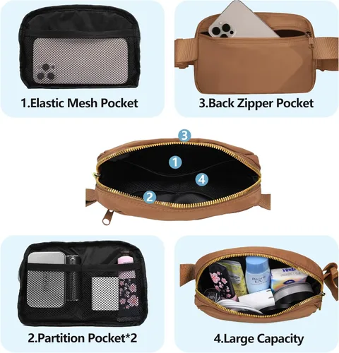 Miniatura 3 de VOROLO Riñonera para mujeres y hombres, bolsa cruzada, bolsa de cinturón con correa ajustable, Marrón, Talla única