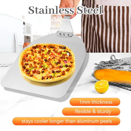 Miniatura 3 de Pala cuadrada de pizza de 12 pulgadas, espátula de pizza de acero inoxidable con mango largo ergonómico de madera para hornear al horno de pizza
