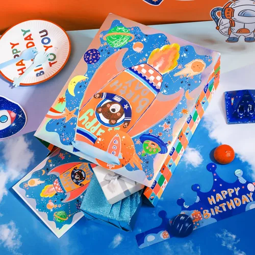 Miniatura 5 de LeZakaa Bolsa de regalo de cumpleaños de 13 pulgadas, bolsa de regalo mediana de papel de aluminio metálico con papel de seda, etiqueta de regalo
