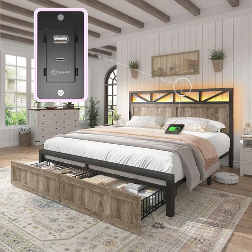 Miniatura 15 de EnHomee Marco de cama King de metal con 2 cajones de almacenamiento, cabecera de madera con iluminación LED y estación de carga, dormitorio, Negro