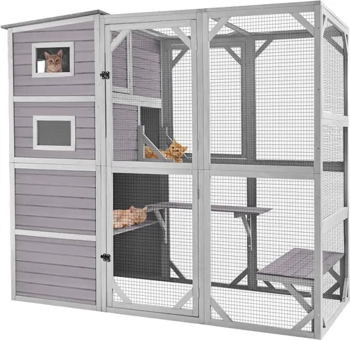 Miniatura 7 de Casa grande para gatos Catio Kitty House con 4 niveles para gatos al aire libre, techo impermeable, recintos para gatos, 77 pulgadas (marrón)