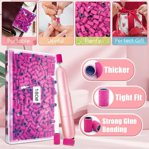 Miniatura 4 de Bandas de lijado para uñas, banda de lijado de grano 180 para taladro de uñas, 200 bandas de lijado rosa de grano fino 180 con broca de lijado