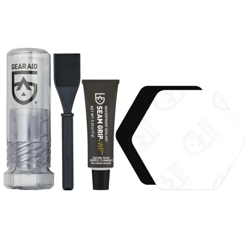 GEAR AID Seam Grip WP Kit de reparación – Adhesivo impermeable de 0.25 oz con dos parches hexagonales de cinta Tenacious Tape (2.5" x 2.8", negro y