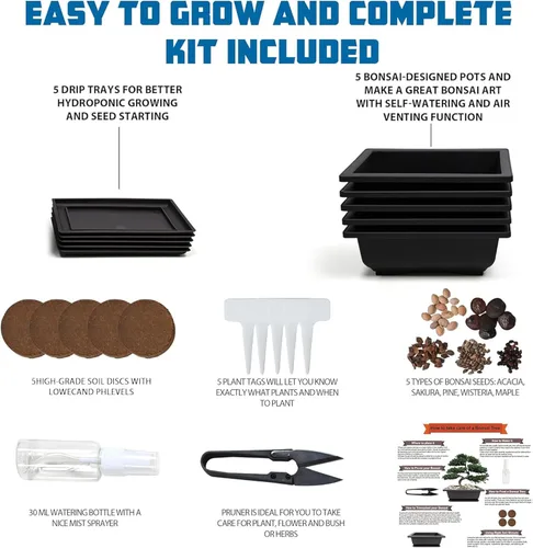 Miniatura 2 de Kit de inicio de Bonsái Sproutix, 5 semillas que crecen en Acacia, Glicinia, Sakura, Arce Rojo y Pino Negro, Incluye herramientas de jardinería