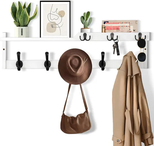 Miniatura 9 de dreampossible Perchero de pared con estante, perchero de pared con ganchos para llaves y soporte para correo, estante flotante de entrada de madera