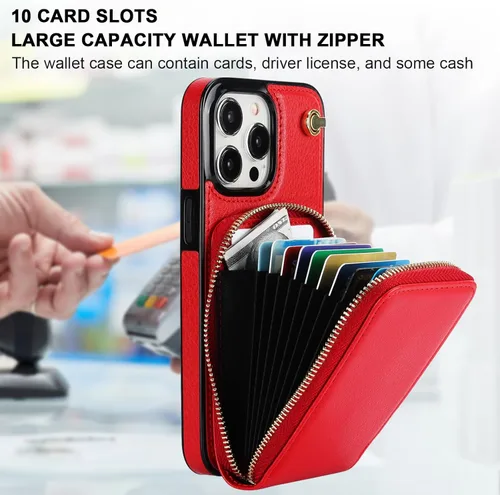 Miniatura 3 de KIHUWEY Funda tipo cartera cruzada para iPhone 15 Pro Max, funda con bolsillo con cremallera y soporte para tarjetas, funda protectora de piel Rojo